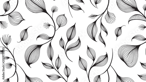 Fotografia Vintage Art Nouveau Seamless Foliage Pattern Black and White Botanical Vector Ba