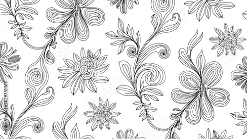 Cuadro en lienzo Vintage Art Nouveau Seamless Floral Pattern Black and White Botanical Vector Bac