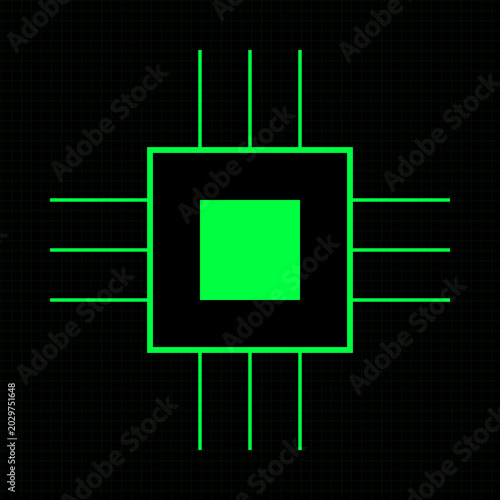 A green neon microchip processor with pin connections on a dark grid background digital illustration