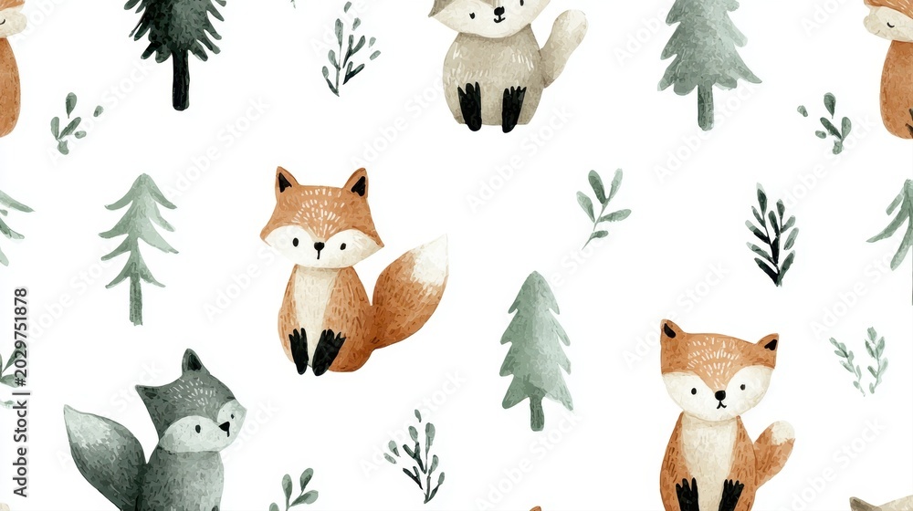 Naklejka premium Cute watercolor woodland fox seamless pattern with sweet forest animals pine trees and green branches for nursery wallpaper baby shower background fabric textile wrapping paper design