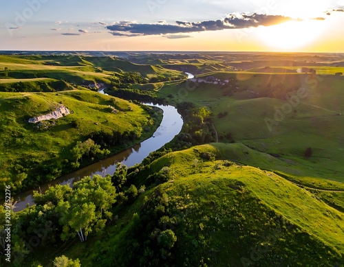 Aerial view of serene green landscape.