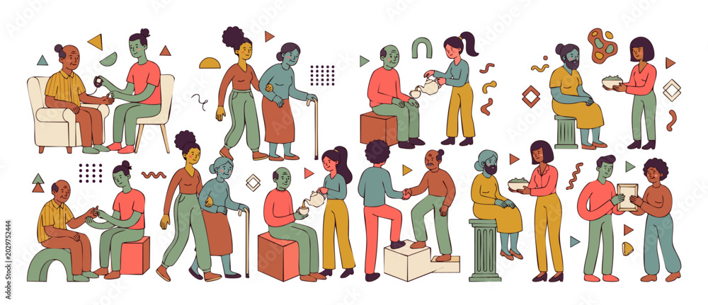 Fototapeta premium Elderly care vector illustration set of young volunteers helping senior citizens with daily activities in flat retro outline style, social support and geriatric community assistance concept.