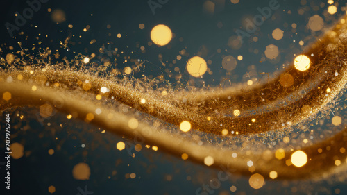 Golden dust particles flowing in abstract waves with glowing light bokeh effect on a dark cinematic background display image