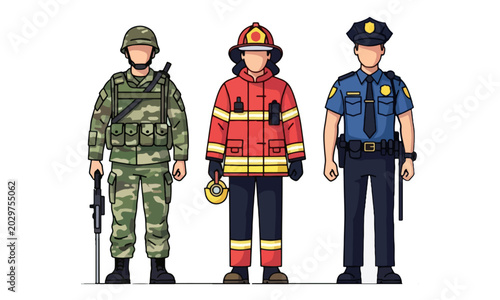 Obraz na plátne Soldier Firefighter and Police Officer Emergency Service Illustration