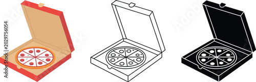 Pizza delivery icons, cartoon fast food symbols featuring sliced pizza and open takeaway box for restaurant branding and food graphics.