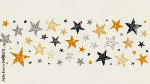 Hand drawn stars pattern illustration featuring gold grey and black sketched elements arranged in a decorative horizontal banner design