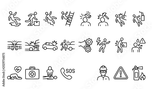 Tableau sur toile Accident icon set falls injury car crash work injury line vector editable stroke
