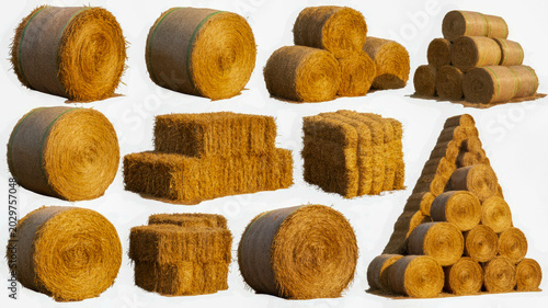 Hay bales collection featuring various round and square golden straw shapes arranged in stacks for agricultural harvest photography project