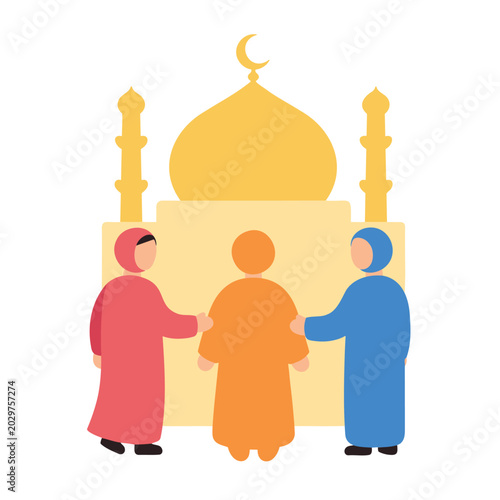 Muslims gather in front of a cartoon style mosque for communal prayer