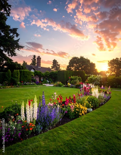 Beautiful garden with colorful flowers at sunset.