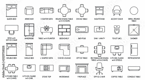 Architectural floor plan symbols, 32 furniture line icons for interior design, black and white top view home layout vector set