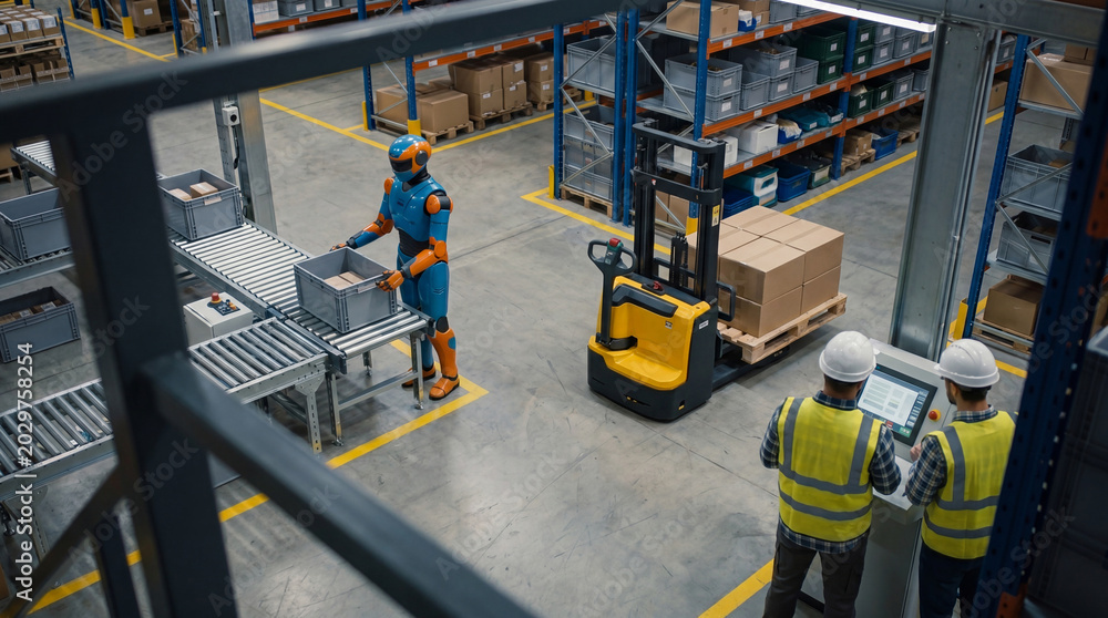 Fototapeta premium Modern warehouse operations with humanoid robot working on conveyor system alongside human managers.
