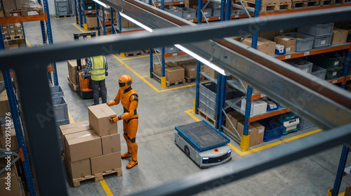 Canvas-taulu Advanced automated warehouse operations featuring an orange humanoid robot stacking boxes and an AMR transporting goods
