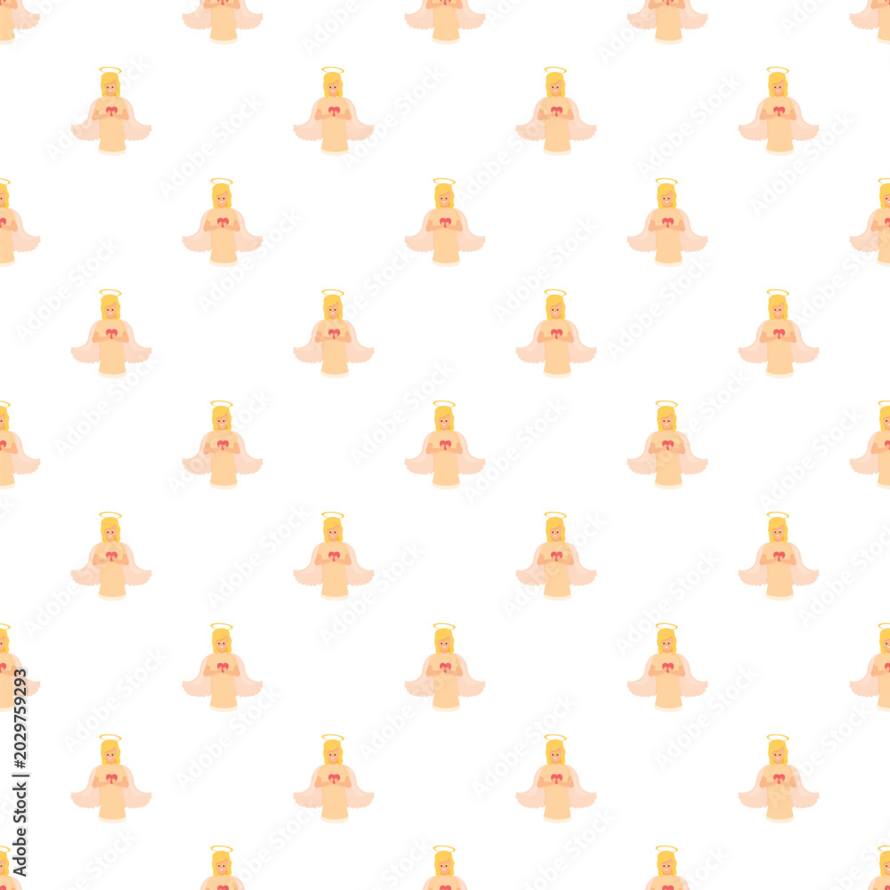 Obraz premium Sweet angel characters with wings and halos holding hearts repeating on a clean background