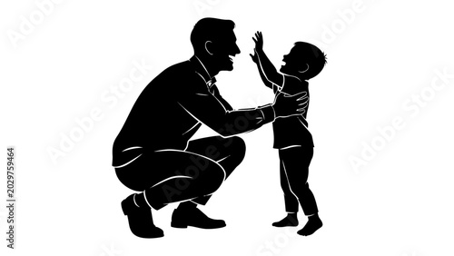 Black silhouette father and child high five, family bonding icon, parenting symbol, vector illustration