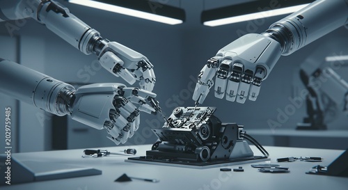 クールな青い光が満ちる未来的なラボで精密なロボットアームが微細な機械部品を緻密かつ正確に組み立てる最先端技術が実現する革新的な生産プロセス. AI Generated