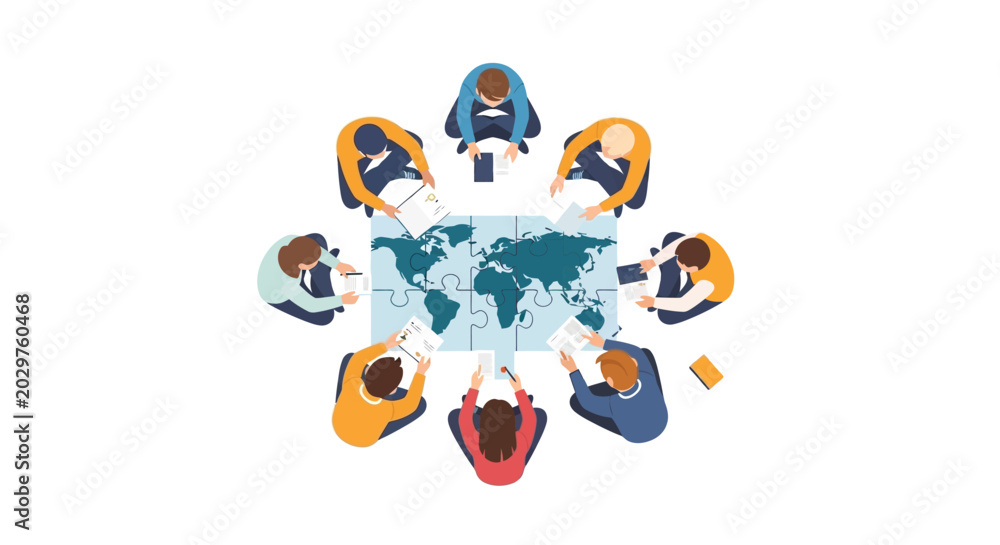 Fototapeta premium Global Business Teamwork and International Cooperation Concept with Diverse People Solving World Map Jigsaw Puzzle Vector Illustration