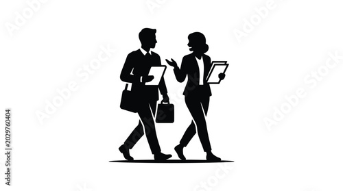 Business people walking and talking with briefcases a black silhouette man woman