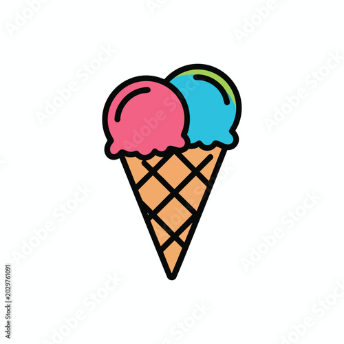 Double scoop ice cream cone illustration with pink and blue flavors.