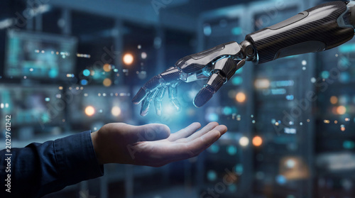 Tableau sur toile Robotic hand with carbon fiber texture reaching to human hand with glowing light in a data center environment