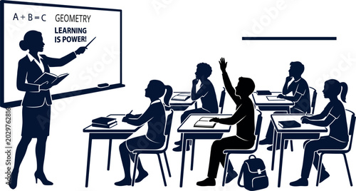 Tableau sur toile Teacher and students in classroom with geometry on board