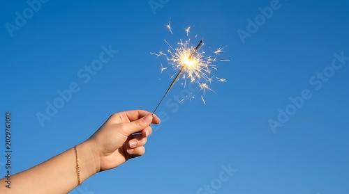 A woman holding a bright burning sparkler firework against a clear blue sky during a sunny day celebration