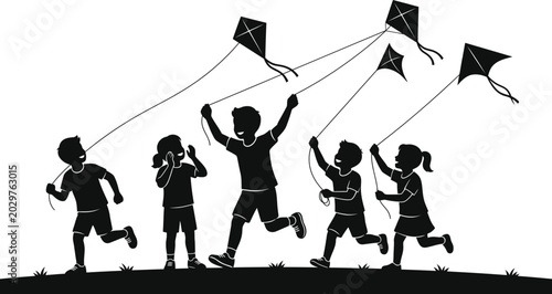 Obraz na płótnie Black silhouettes of children running with kites