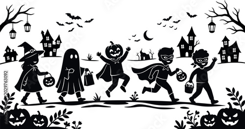 Obraz na płótnie Black and white halloween kids trick or treating