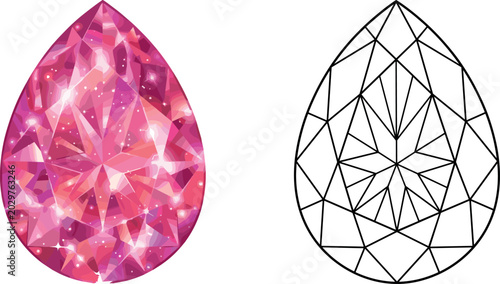 Tableau sur toile Pink crystal gemstone vector illustration set featuring a realistic sparkling pear shaped ruby alongside its black line art outline diagram isolated on white background