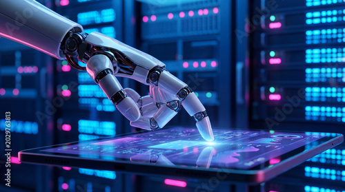 Obraz na płótnie Robotic hand interacting with a tablet, symbolizing artificial intelligence in a data center environment