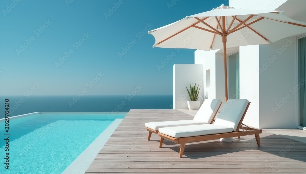 Fototapeta premium Two white lounge chairs sit under a large umbrella beside an infinity pool. Modern white architecture overlooks a calm blue ocean. Sunny day suggests relaxation and vacation.