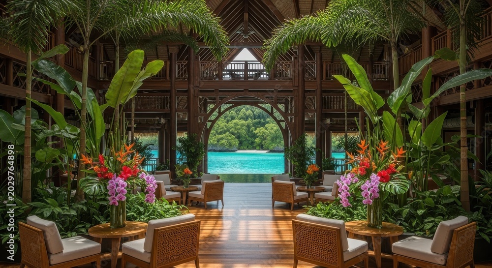 Obraz premium Luxurious Tropical Resort Lobby With Lush Greenery And Ocean View