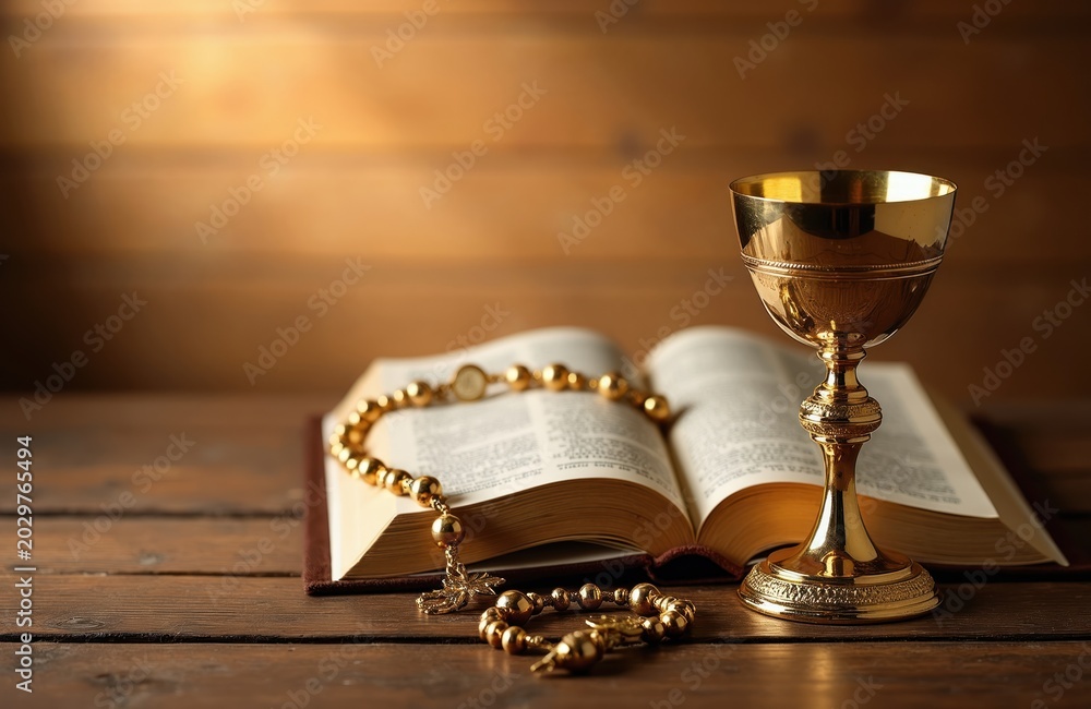 Obraz premium Golden chalice sits on open bible next to rosary beads on wood table. Holy symbols for Catholic faith and communion celebration. Sacred religious worship still life.