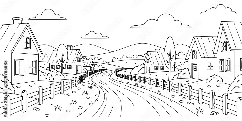 Fototapeta premium Scenic Country Road Through Rural Village Coloring Page Outline Illustration
