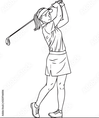 Canvastavla Woman swinging golf club in follow-through pose