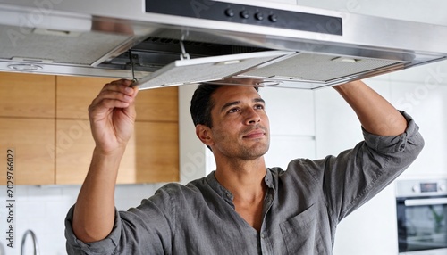 Young man installing and cleaning kitchen range hood filter in modern white kitchen, home repair and appliance maintenance concept