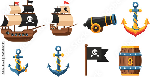 Foto Pirate and Nautical Icon Set with Pirate Ship, Cannon, Anchor, Jolly Roger Flag,