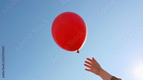 Red balloon floating in clear blue sky with hand reaching up towards it during bright sunny day outdoor scene joy and freedom concept