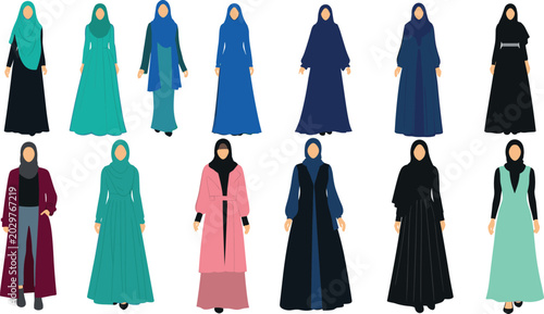 Fotografie Muslim Women Modest Fashion Vector Illustration Set Featuring Modern Hijab Abaya