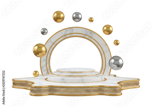 3d podium display stand with floating gold and silver spheres