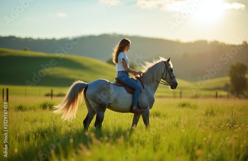 Young woman rides dapple gray horse through sunlit green field. Peaceful rural scene shows connection with nature and authentic country life. Summer day in meadow with horse and rider.