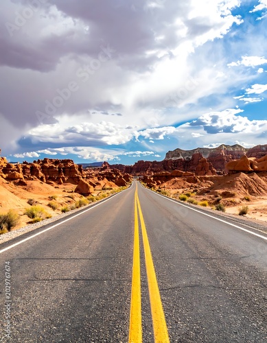 Desert road with yellow lines ahead.