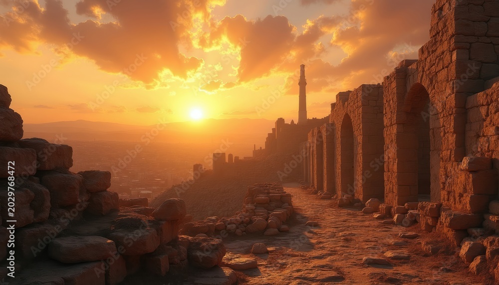 Obraz premium Ancient stone ruins ascend a hillside at sunset. Crumbling walls with arches overlook a hazy city below. A tall minaret stands against dramatic orange clouds and a setting sun.