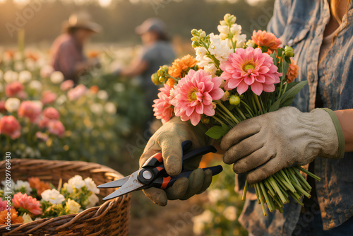 Gloved florist holding freshly cut pink and orange dahlias with pruning shears in a warm sunset flower field, soft workers and blooms in background season