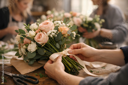 Hands tying cream ribbon around pastel rose bouquet on florist workshop table with eucalyptus, soft focus makers, and elegant wedding flower arrangement