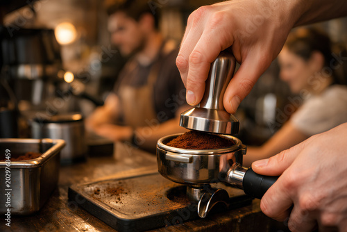 Barista hand pressing fresh coffee grounds with metal tamper inside portafilter on cafe counter, warm indoor light and blurred staff in background scene