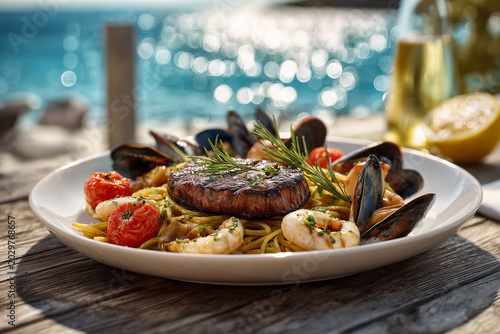 Grilled steak and seafood pasta with shrimp, mussels, tomatoes and rosemary on a white plate by sparkling sea on a sunny rustic wooden table with coastal restaurant atmosphere