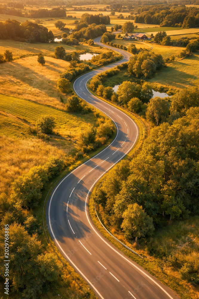 Fototapeta premium Winding road through golden countryside fields and green hills at sunset, scenic aerial landscape with warm summer light and peaceful travel atmosphere.