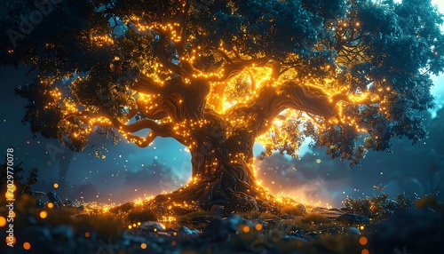 Flaming tree in dark fantasy landscape.