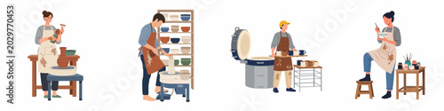 Photos Flat vector illustration set of potters working in a studio, shaping clay on wheels, firing ceramics in a kiln, and painting finished pieces